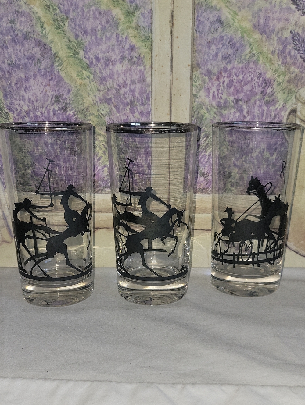 Vintage Mid Century Equestrian Black Silhouette Glasses Silver Rim Set of 3